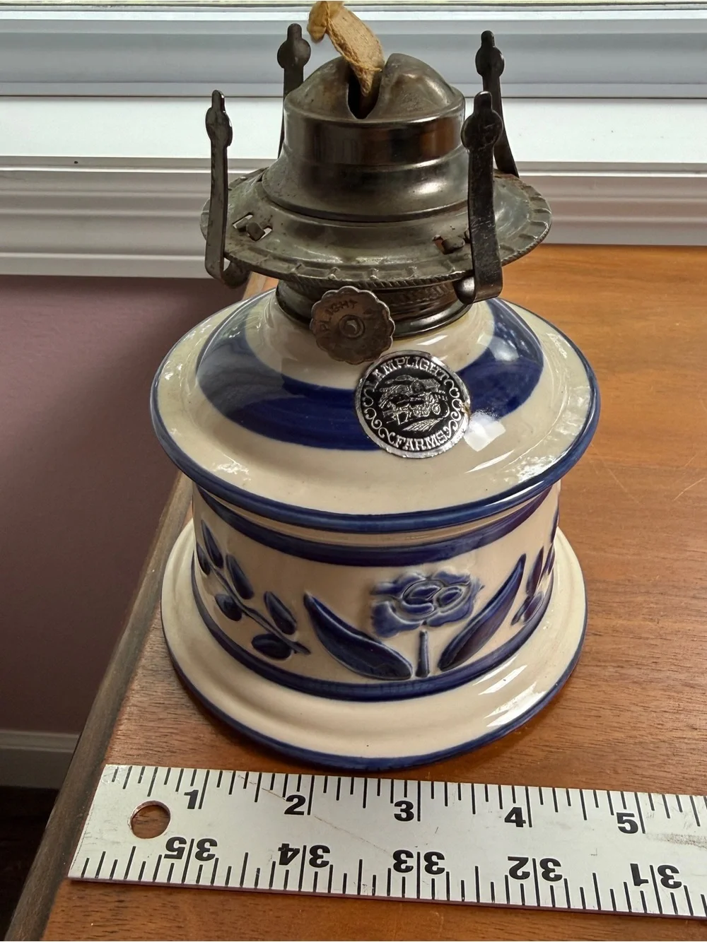 Vintage Lamplight Farms Floral Blue/White Ceramic Base Oil Lamp Prairie Coastal